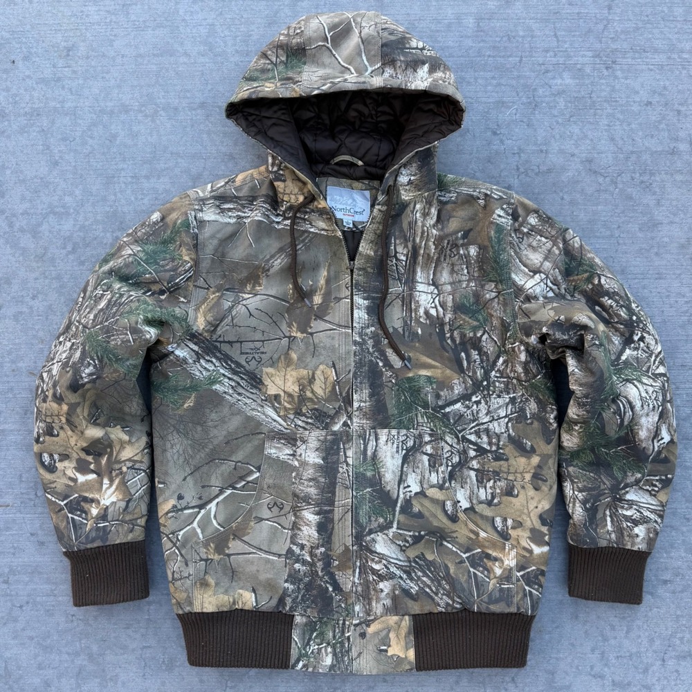 NorthCrest Outdoor Realtree Camo Hooded Work Jacket Mens Small Quilted Lined Y2K